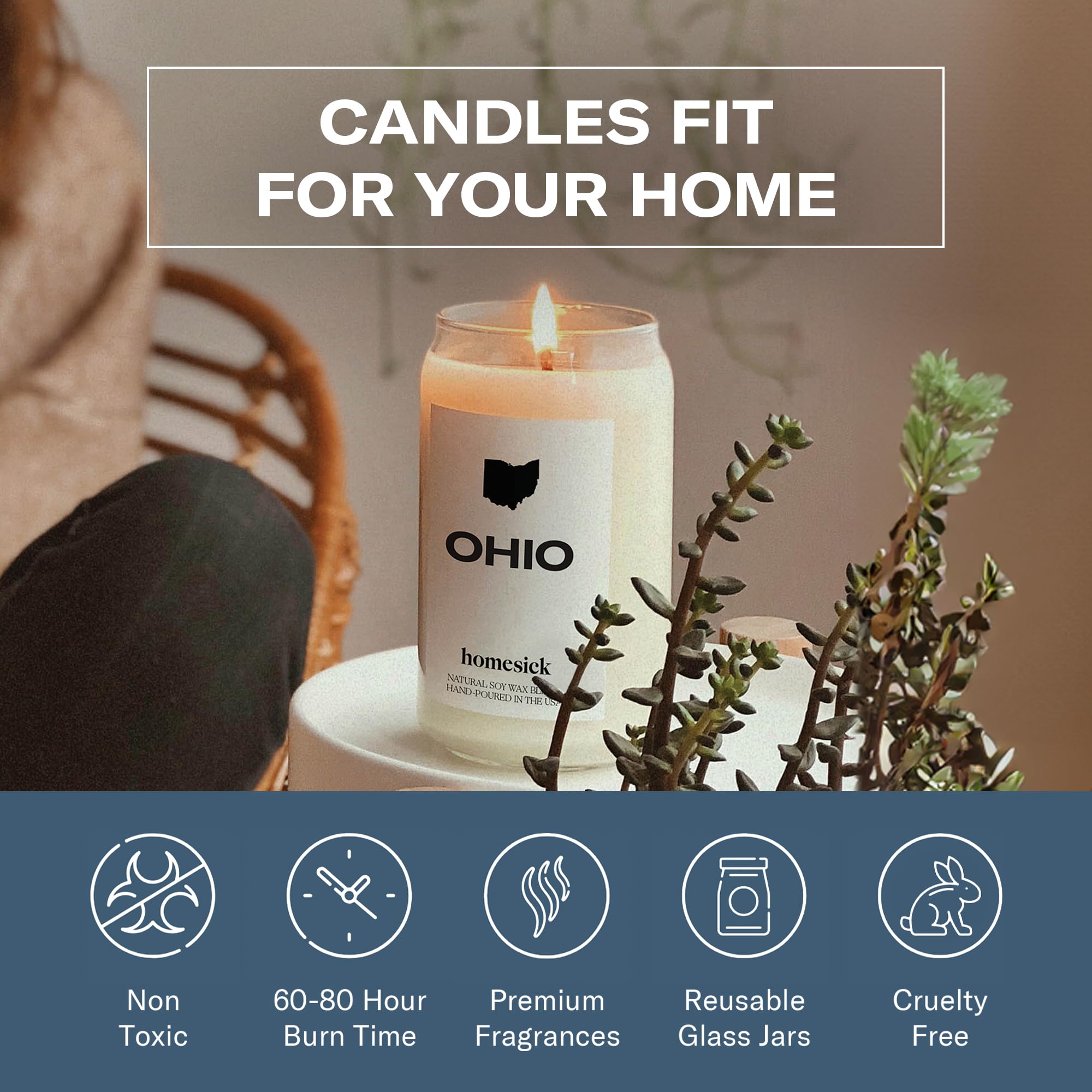 Homesick candle beside everyday items showing 13.75 oz scale for reference