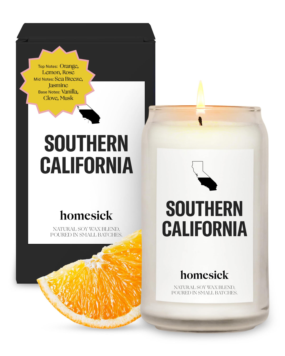 Homesick jar front view showing Southern California label and welcoming scent