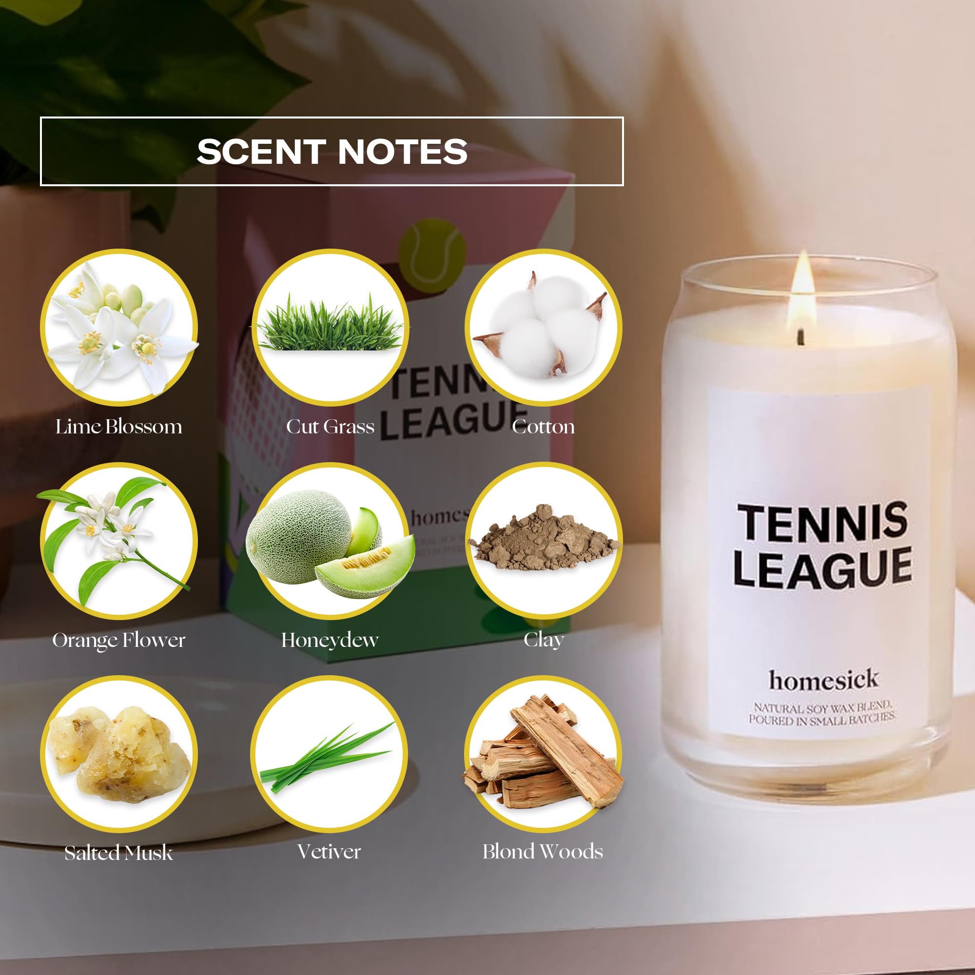 Homesick Tennis League candle in living room adding fresh, uplifting scent