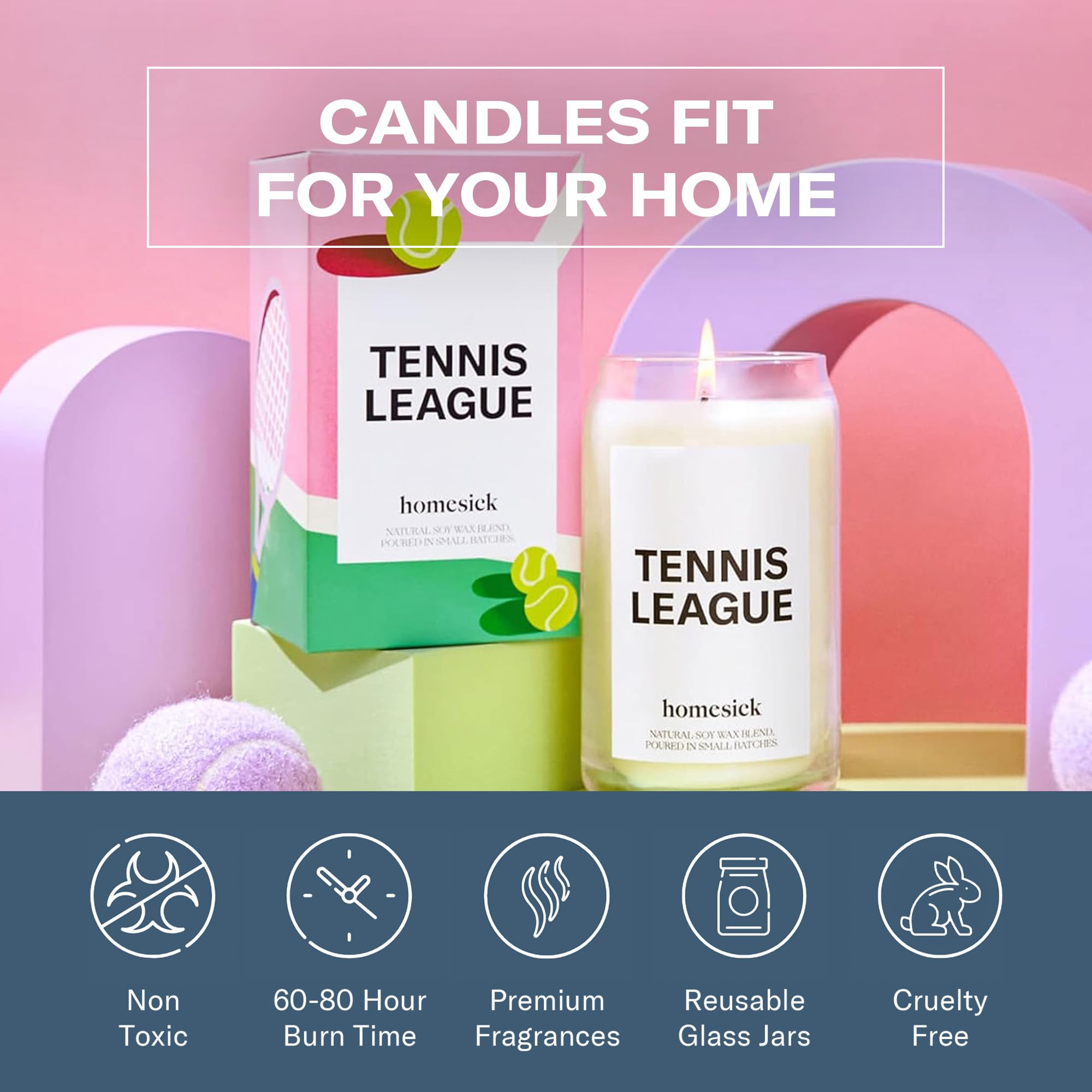 Homesick Tennis League label closeup highlighting scent notes and benefits