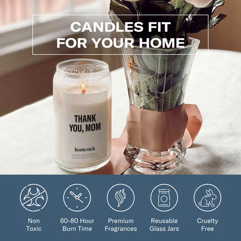 Homesick candle beside a notebook to show 13.75 oz scale and long burn advantage