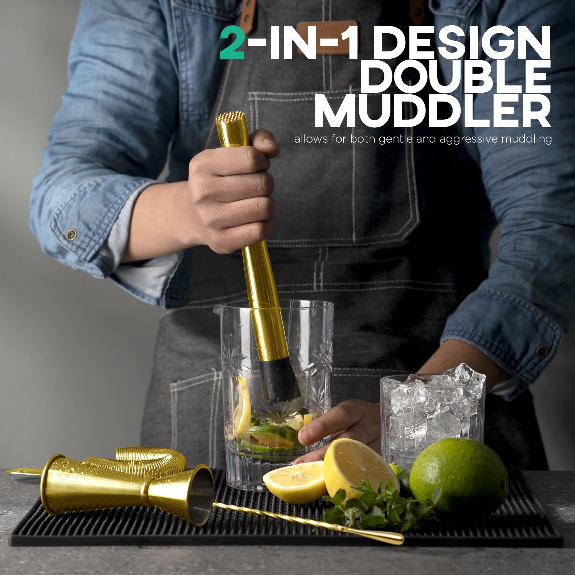 Homestia gold ice tongs and pourers pictured for tidy service and controlled pours