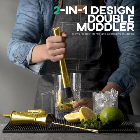 Homestia gold ice tongs and pourers pictured for tidy service and controlled pours