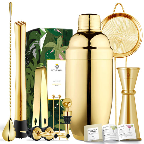 Homestia gold shaker front view showing polished finish and professional look