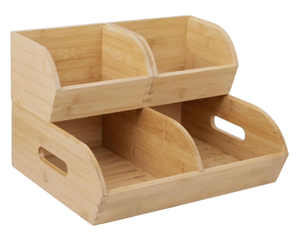 Homeware Express front view of stackable bamboo bins showing tidy storage benefit
