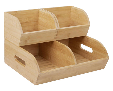 Homeware Express front view of stackable bamboo bins showing tidy storage benefit