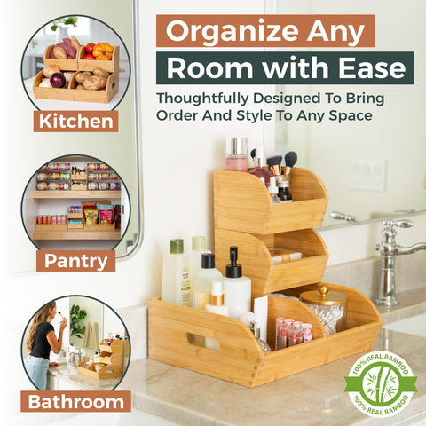Homeware Express two small bins organized on pantry shelf for space savings