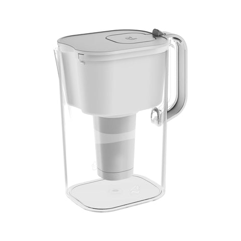 HomeWater pitcher front view showing 2.4L capacity and ergonomic handle benefit