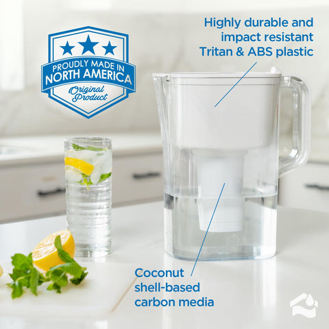 HomeWater pitcher beside cups showing scale and serving capacity benefit