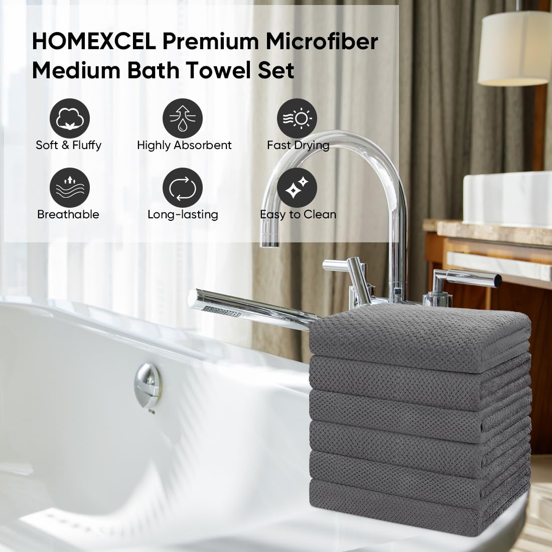 HOMEXCEL towel in bathroom setting suggesting quick-dry convenience