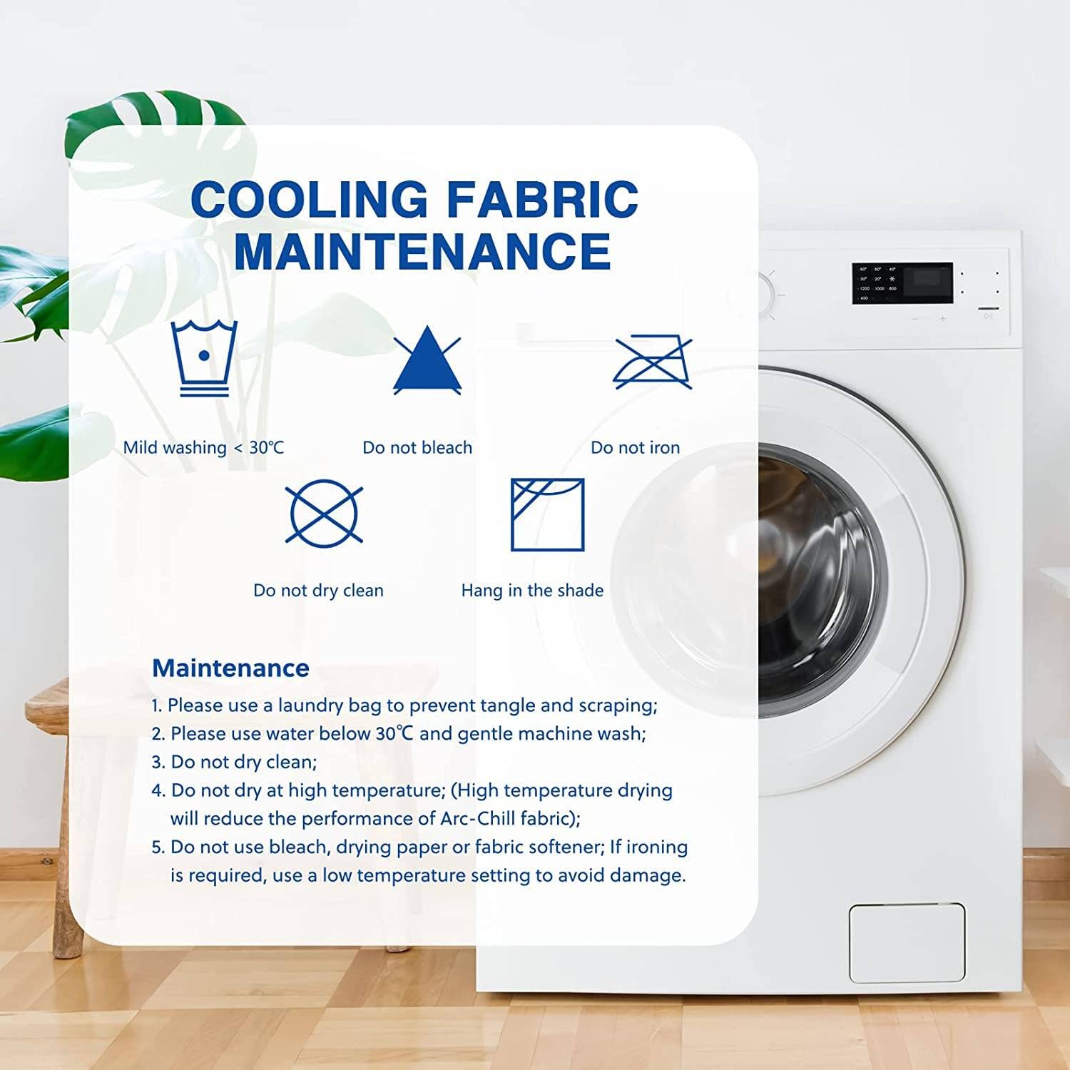 HOMFINE cooling blanket care label close-up showing wash instructions for longevity