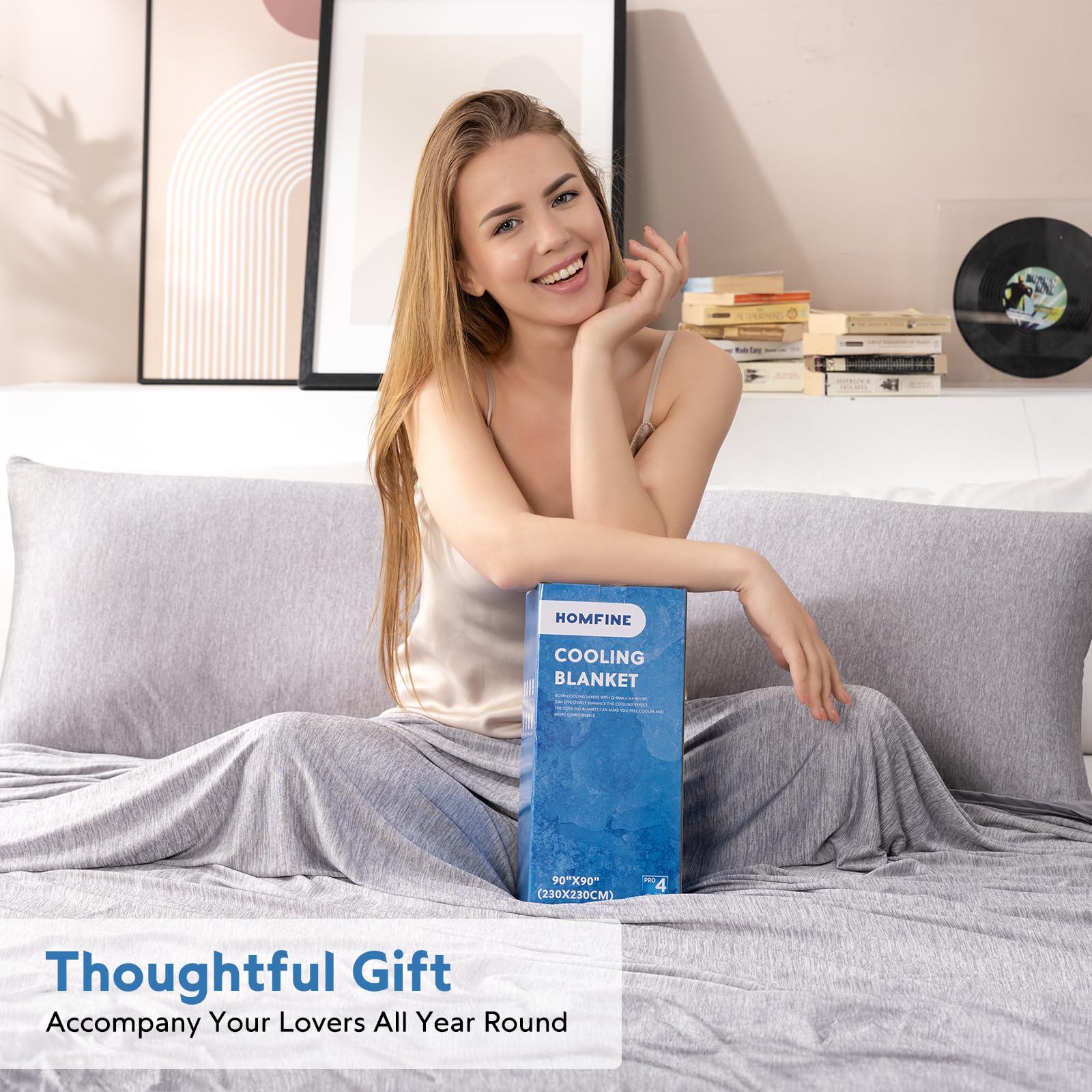 HOMFINE cooling blanket used on sofa in living room for versatile cooling comfort