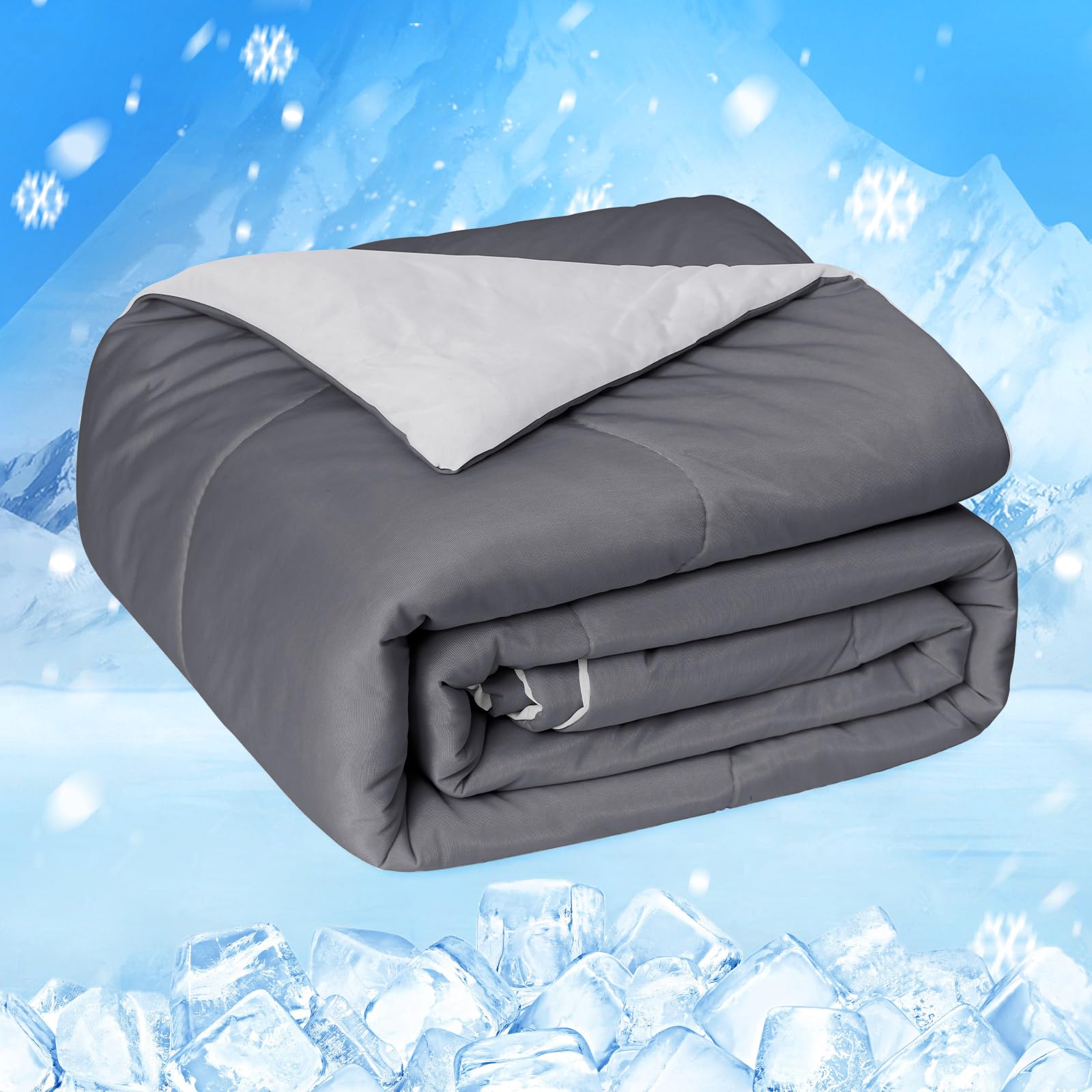 HOMFINE cooling comforter front view showing cooling surface and modern gray color benefits cool sleep