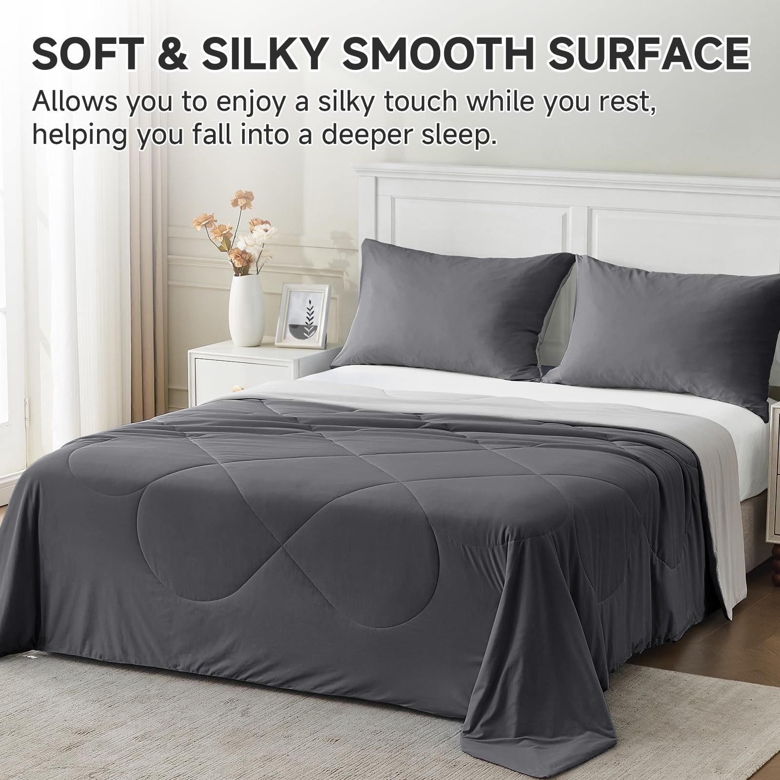 HOMFINE comforter on bed in summer bedroom setting demonstrating lightweight comfort and breathable feel