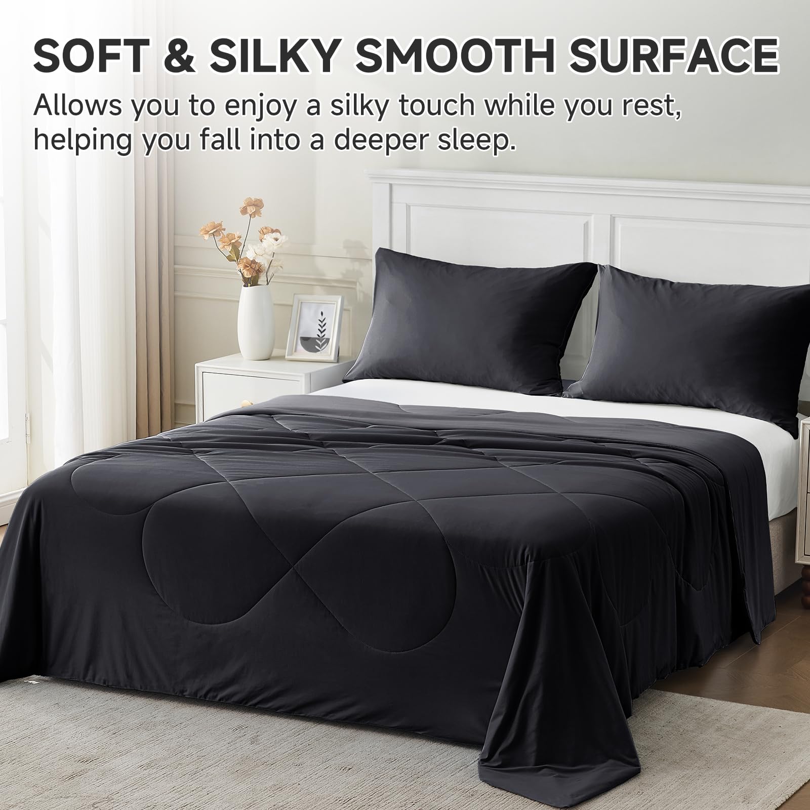 HOMFINE comforter on a styled bed showing breathable comfort and modern look