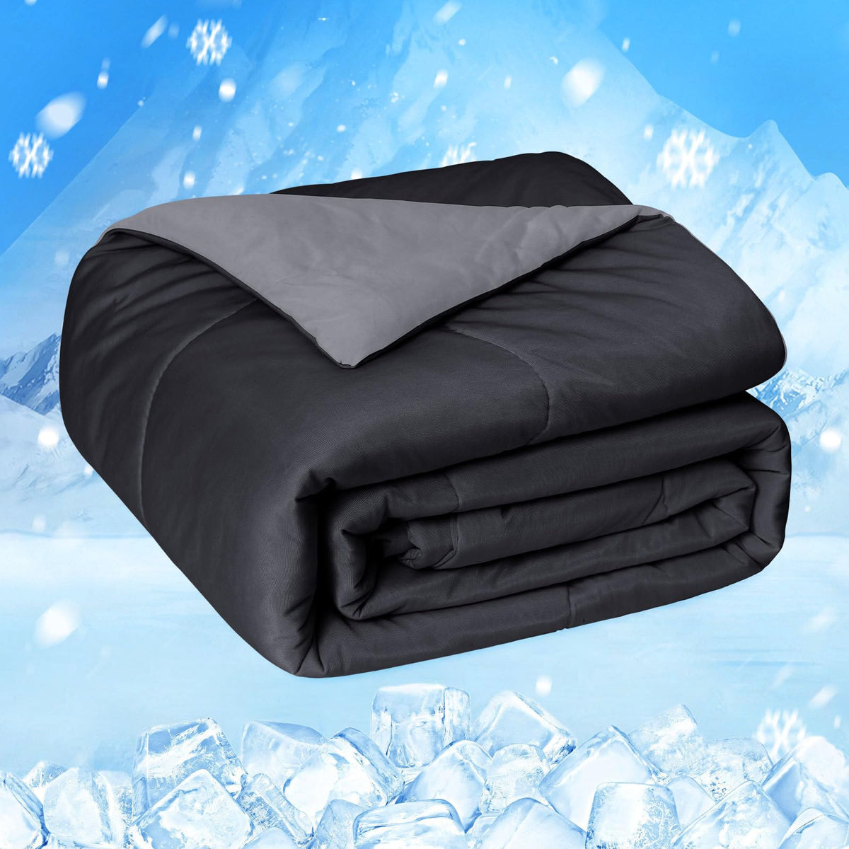 HOMFINE queen front flat view showing black cooling comforter and neat drape for cool nights
