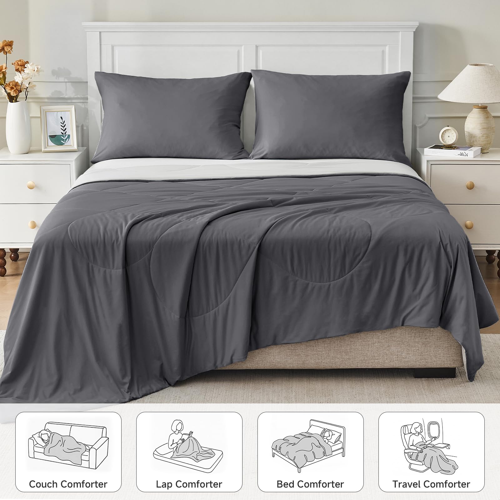 HOMFINE comforter beside a ruler showing 60x90 twin dimensions for accurate size and fit
