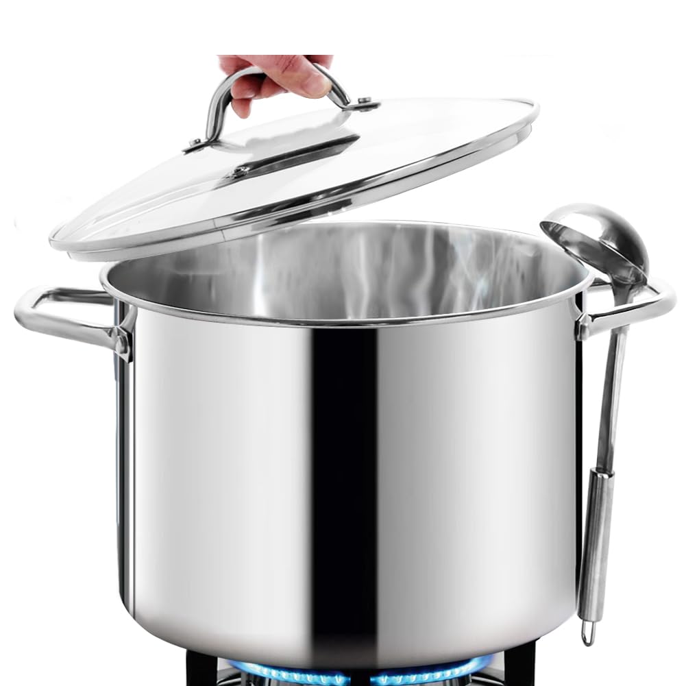 HOMICHEF 12QT stock pot front view showing mirror-polished finish and capacity benefit