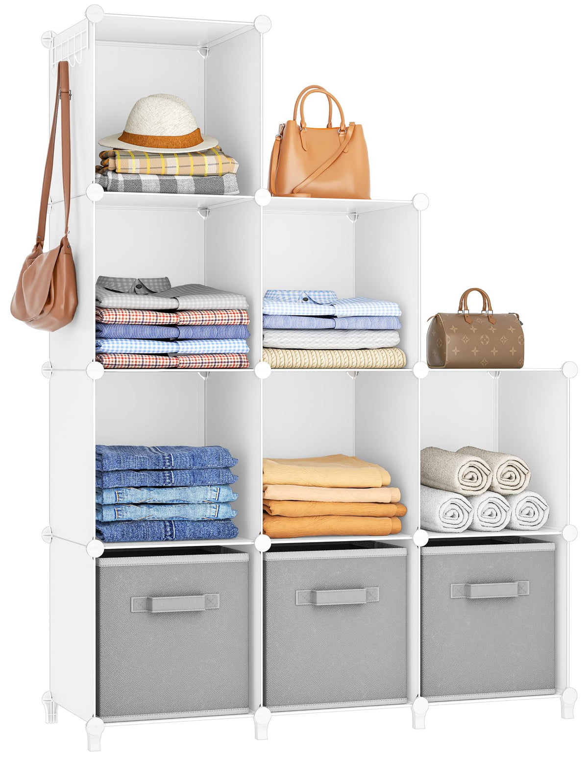HOMIDEC front view of assembled 9-cube organizer showing tidy storage benefit