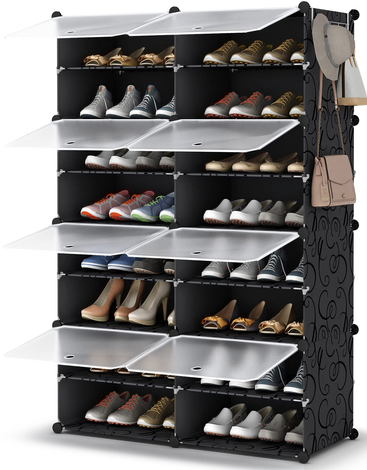 HOMIDEC front view shoe rack showing 8 tiers and neat storage benefit