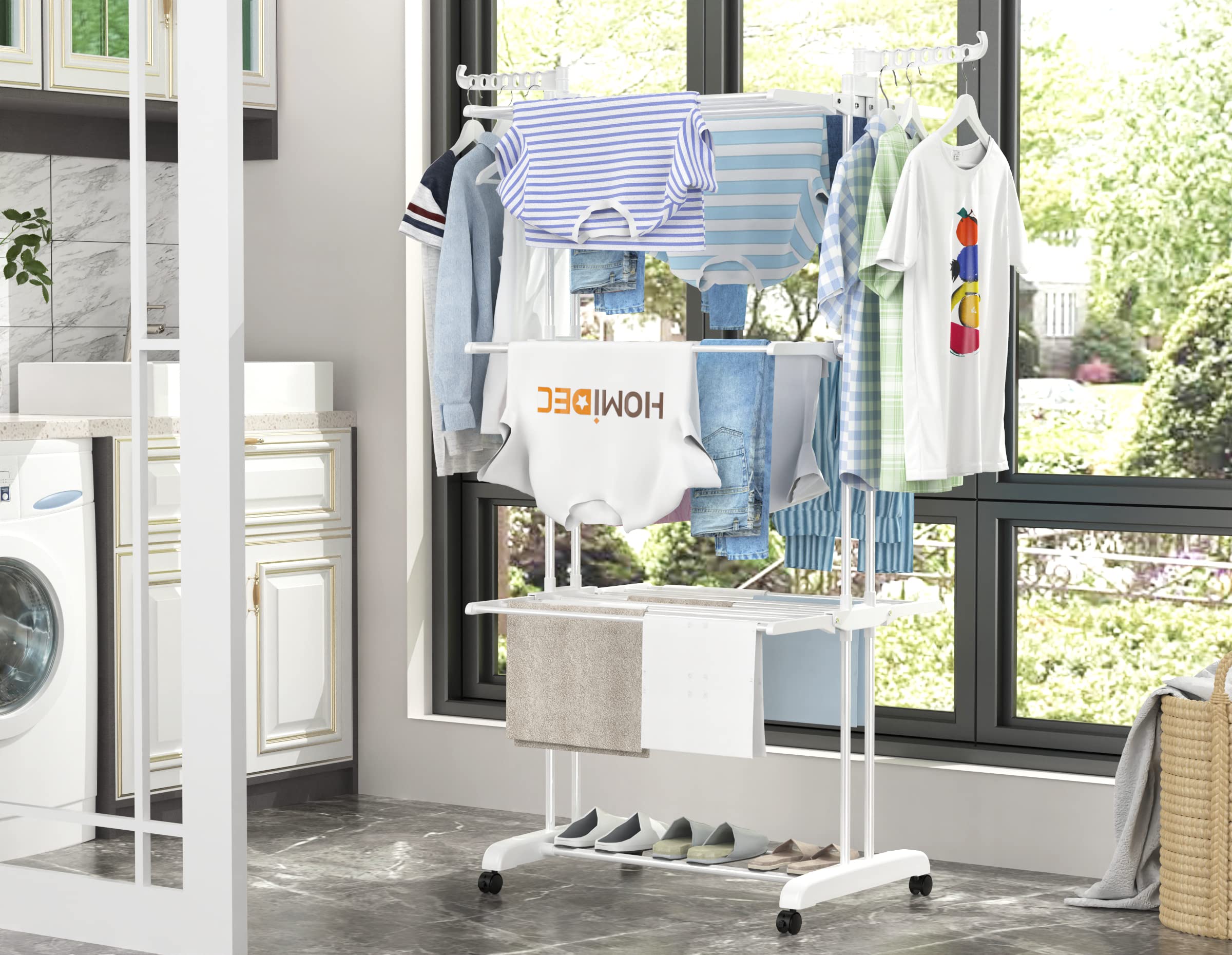 HOMIDEC on balcony lifestyle scene showing outdoor drying convenience benefit