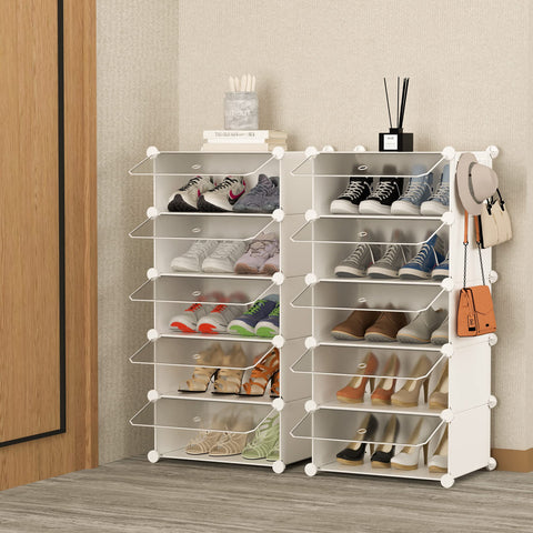 HOMIDEC shoe rack beside shoes to show scale helping buyers visualize capacity