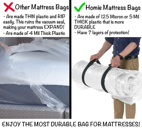 Homie vacuum attachment in use compressing mattress for easy transport benefit