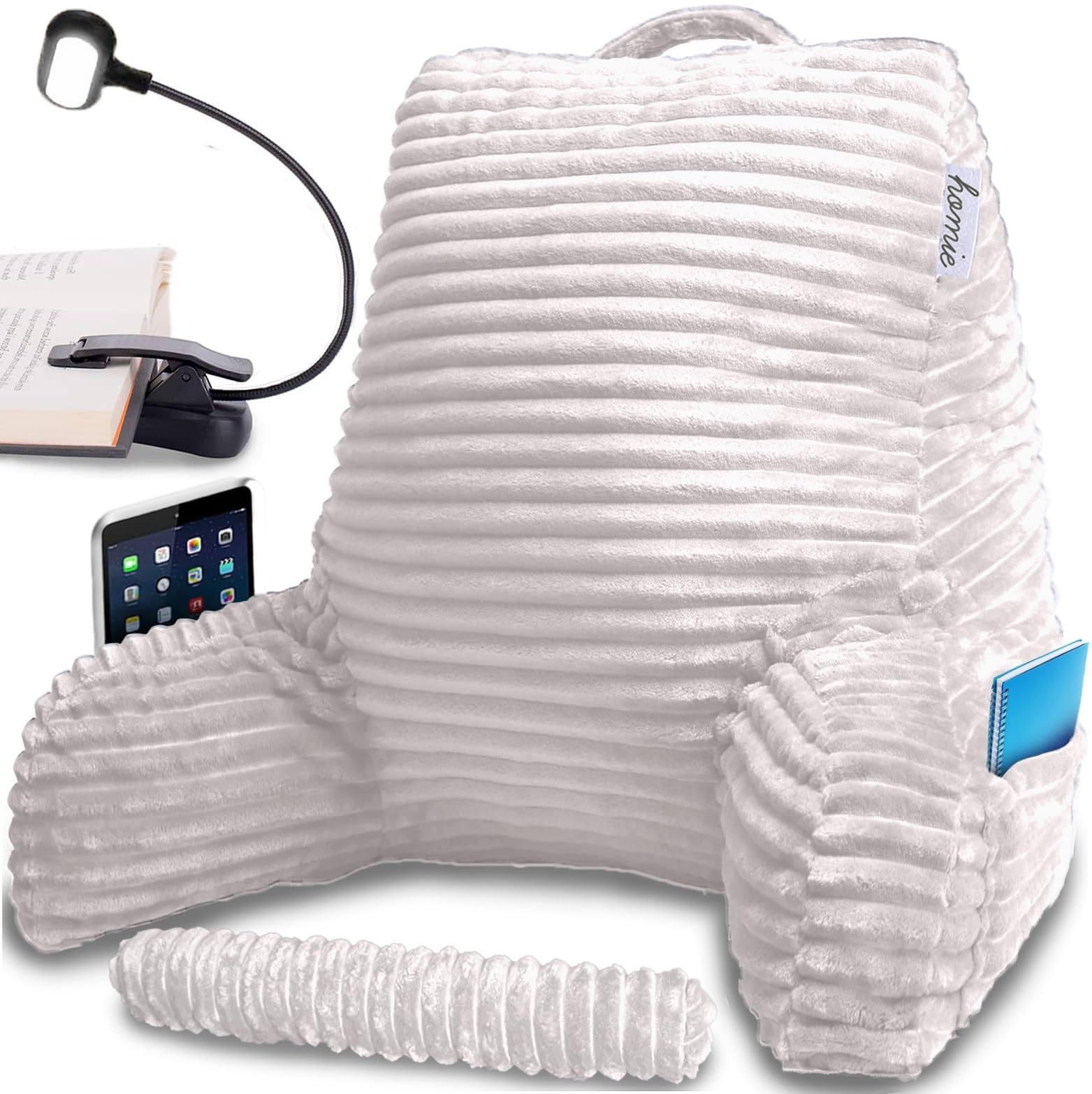 Homie front view white pillow showing full back support and comfort