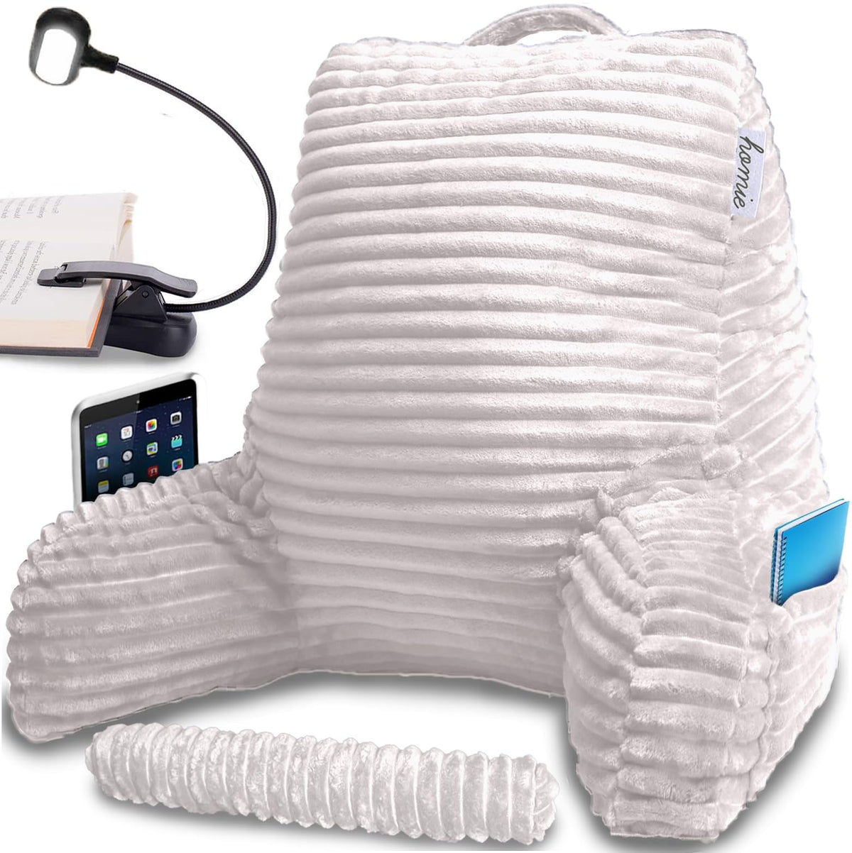 Homie front view white pillow showing full back support and comfort