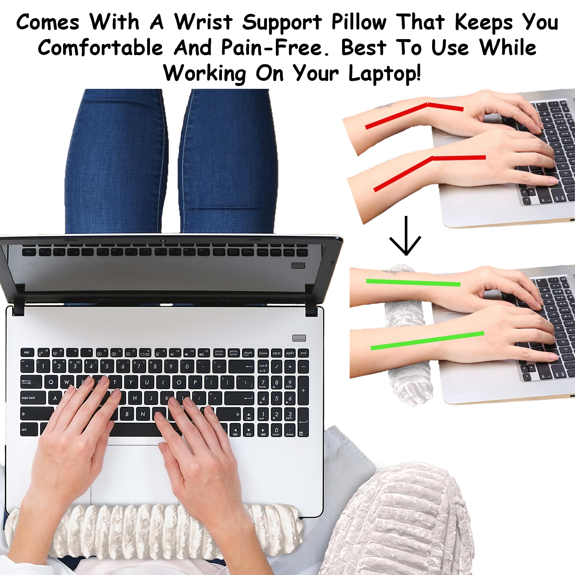 Homie pillow with wrist support and laptop for ergonomic typing