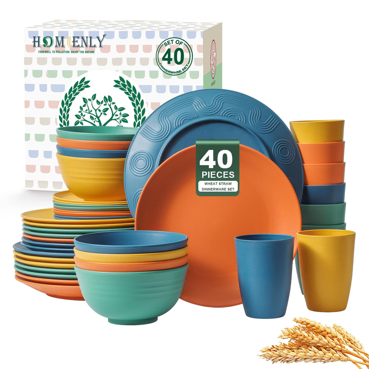 Homienly front view of complete 40-piece set showing natural look and durability