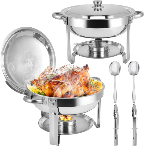 Homiesetify front view of two chafing dishes showing polished finish and presentation benefit