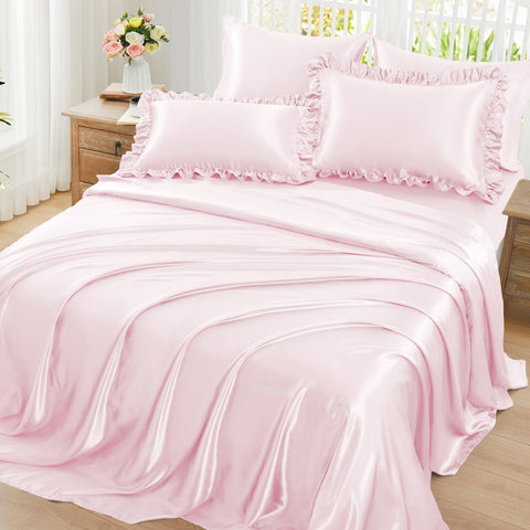 Homiest full set flat-lay showing blush pink sheets and ruffled pillowcases, polished look