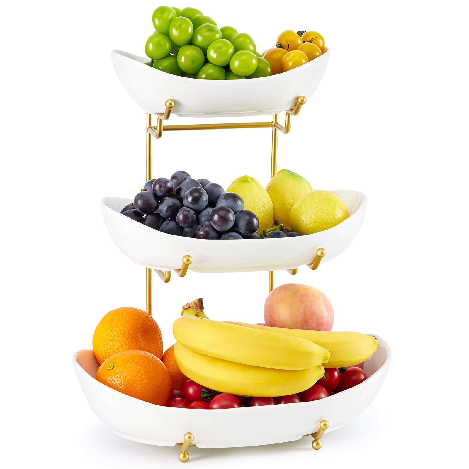 HOMKULA front view of three tier ceramic fruit basket showing compact display and style