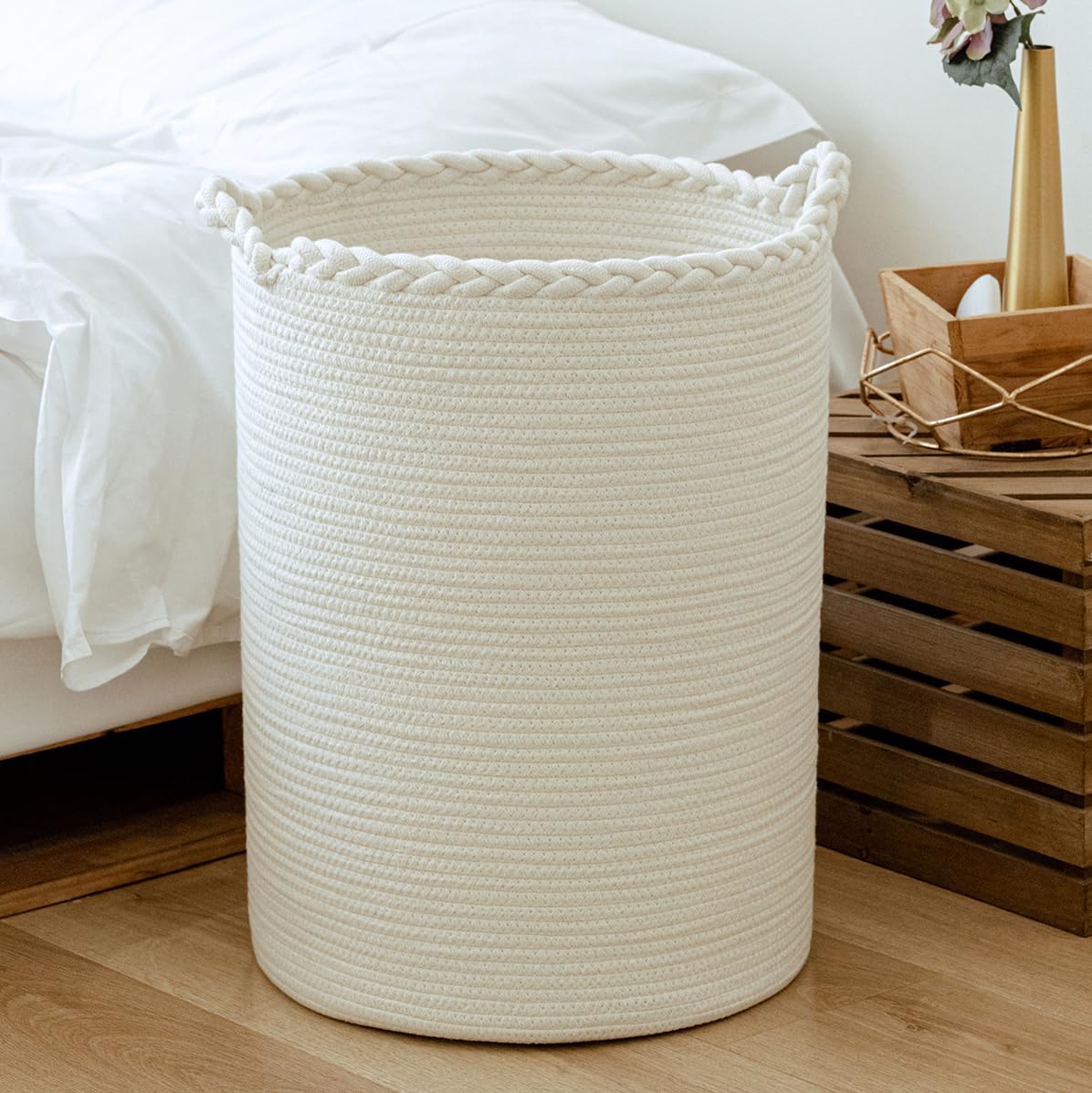 Homlikelan front view of white cotton hamper showing capacity and style