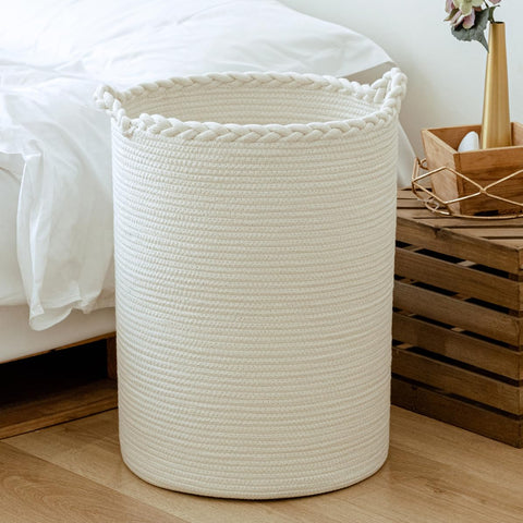 Homlikelan front view of white cotton hamper showing capacity and style