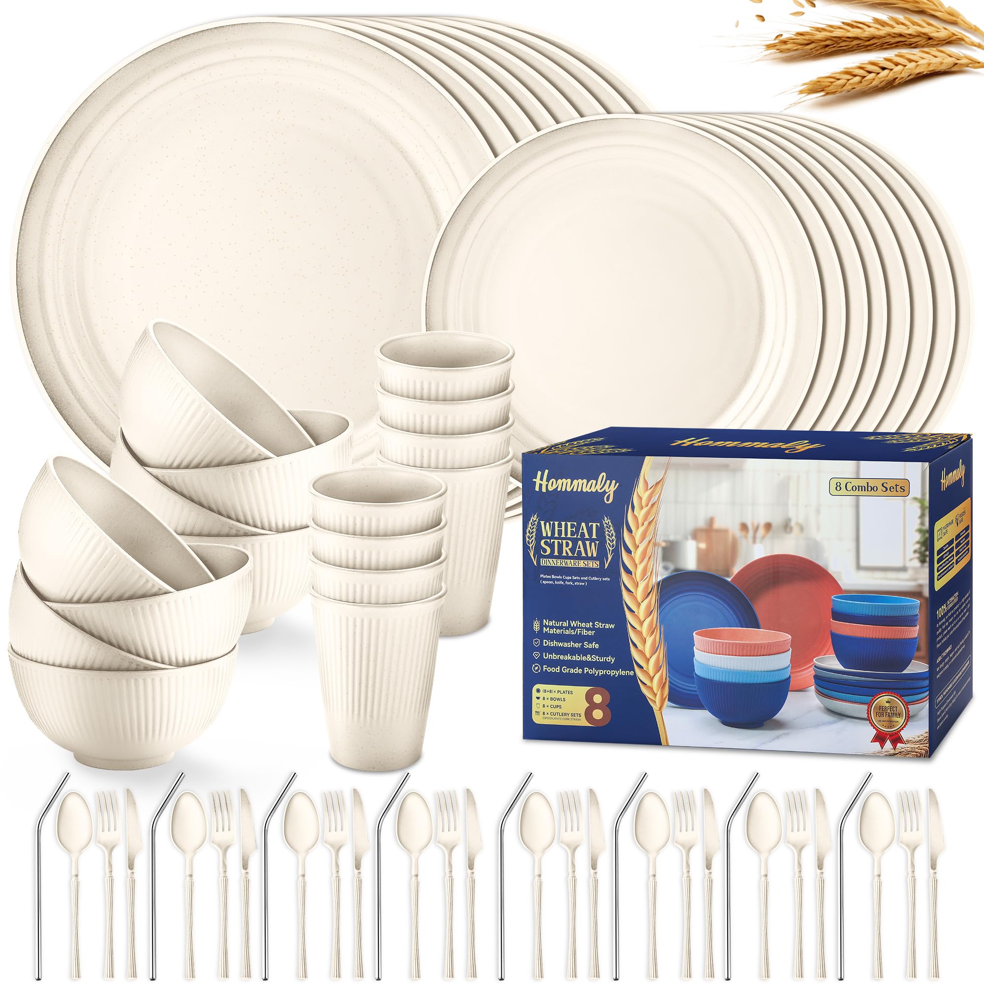 Hommaly front view of full beige dinnerware set showing all pieces and convenience