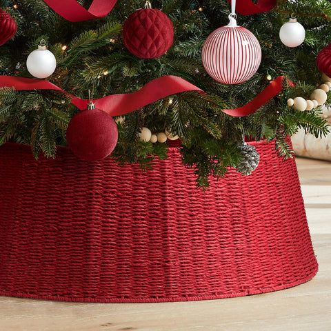 Hommtina front view of red tree collar hiding stand, polished finish benefit