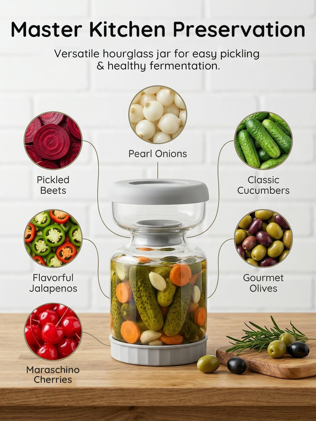 Homnoble pickle jar mid-flip showing liquid separation and convenient draining