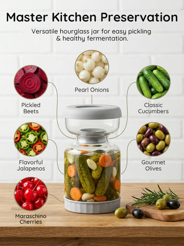Homnoble pickle jar mid-flip showing liquid separation and convenient draining