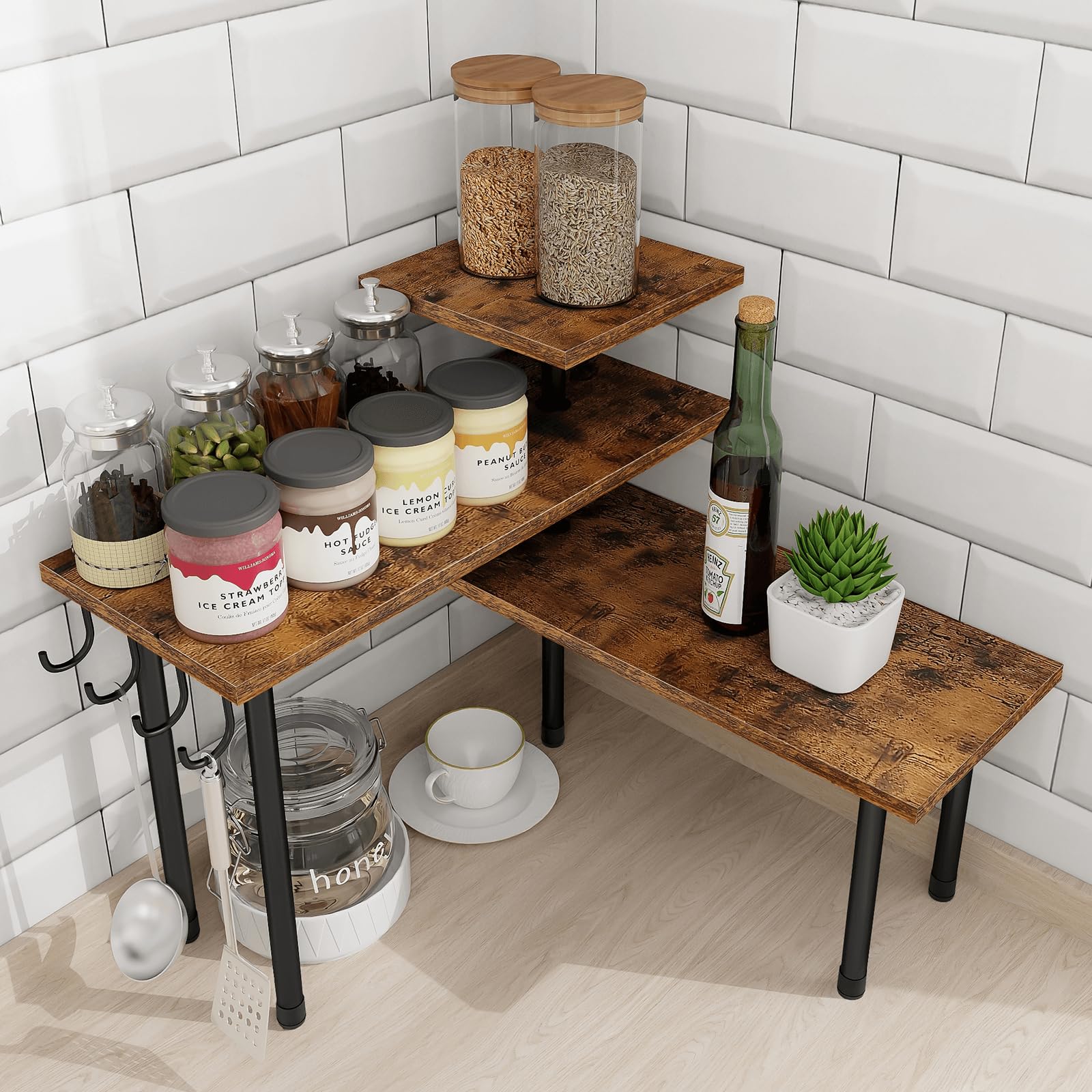 Homode front view of countertop organizer showing rustic style and tidy storage
