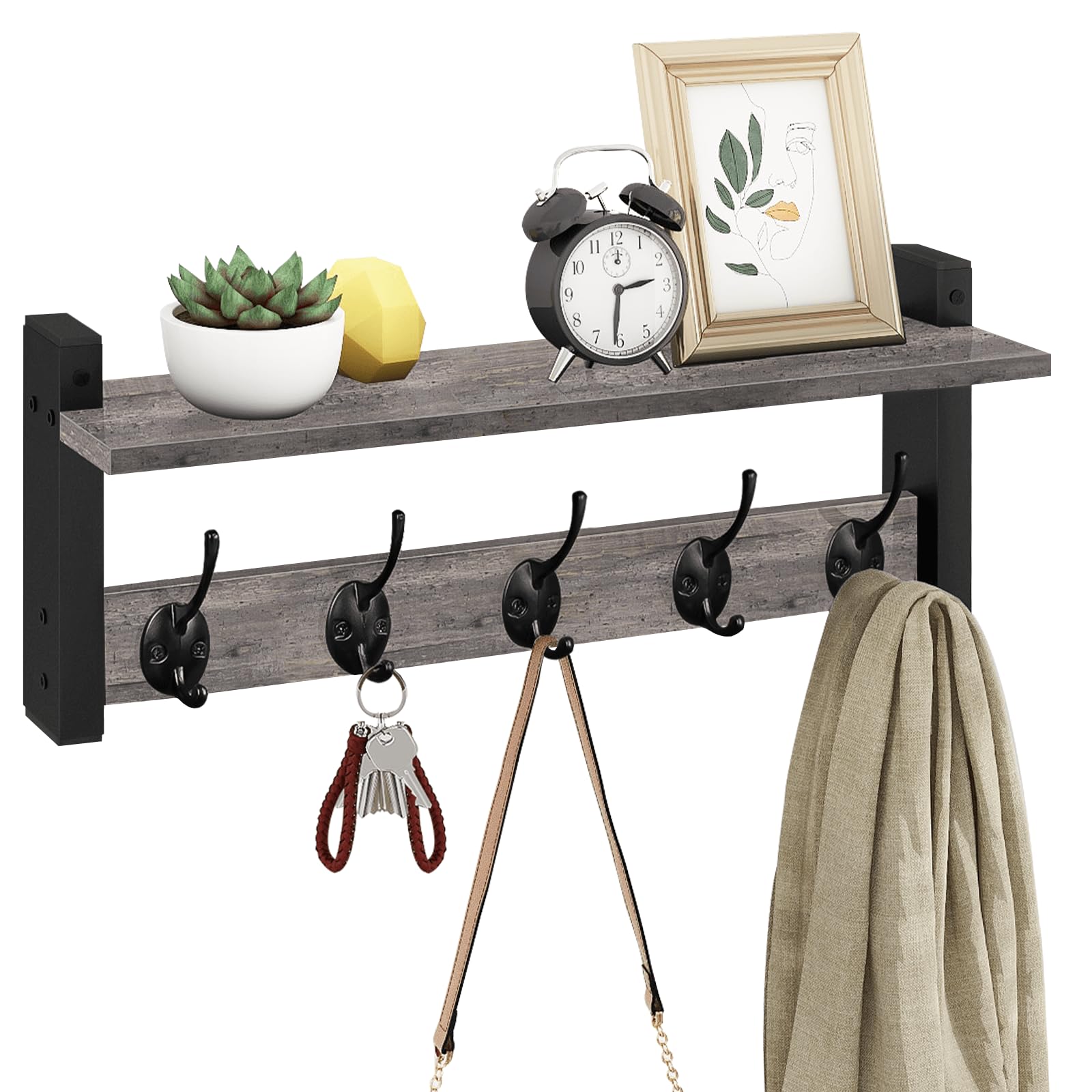Homode front view of rustic grey shelf showing neat organization benefit