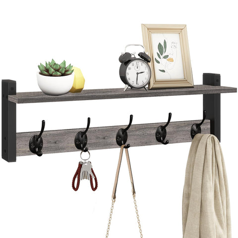 Homode front view of the 24-inch rack showing rustic grey finish and hooks for tidy entryways
