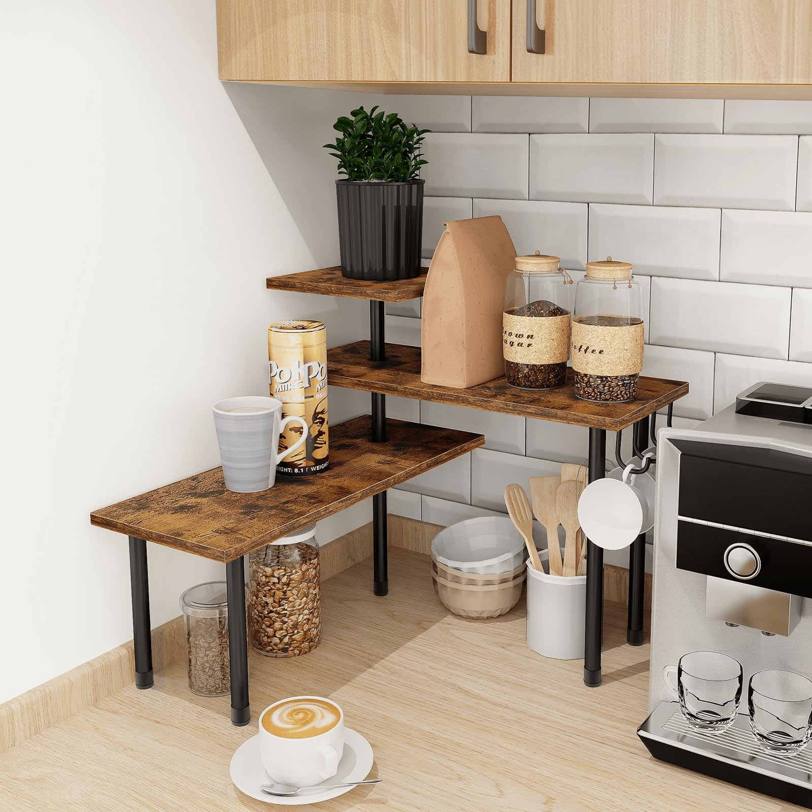 Homode metal hooks holding utensils and mugs for added hanging storage