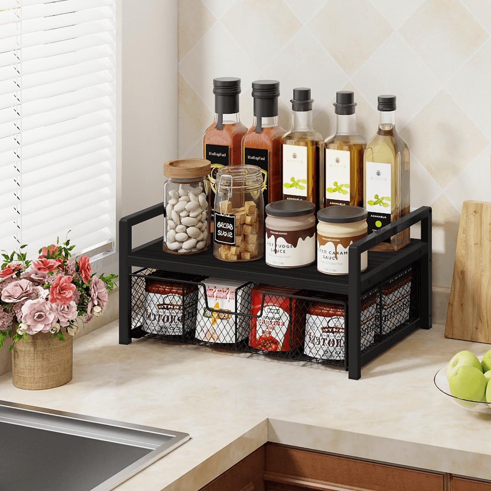 Homode organizer beside a mug to show compact footprint and scale