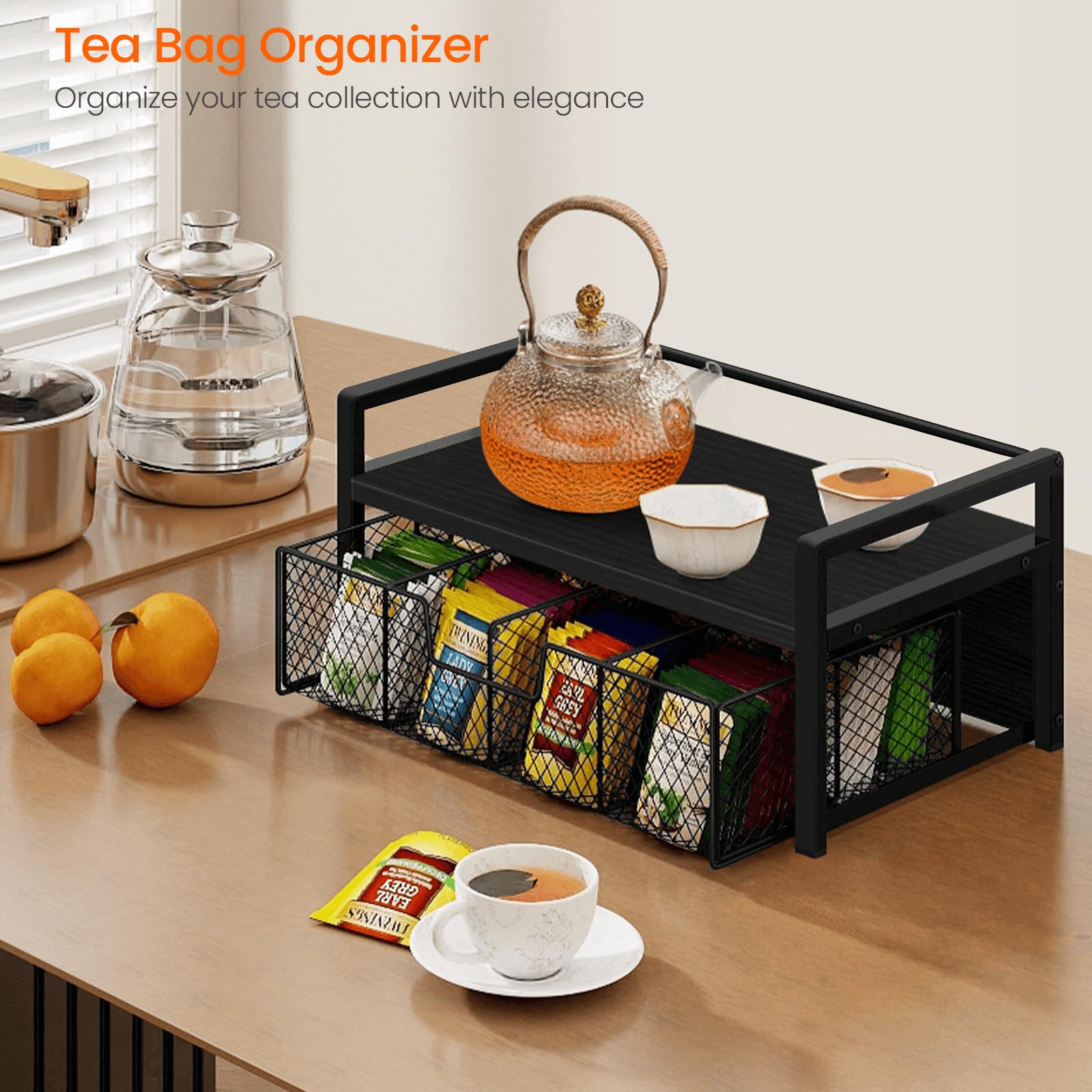 Homode tea organizer drawer open displaying sorted tea bags for quick access
