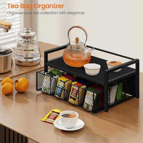 Homode tea organizer drawer open displaying sorted tea bags for quick access