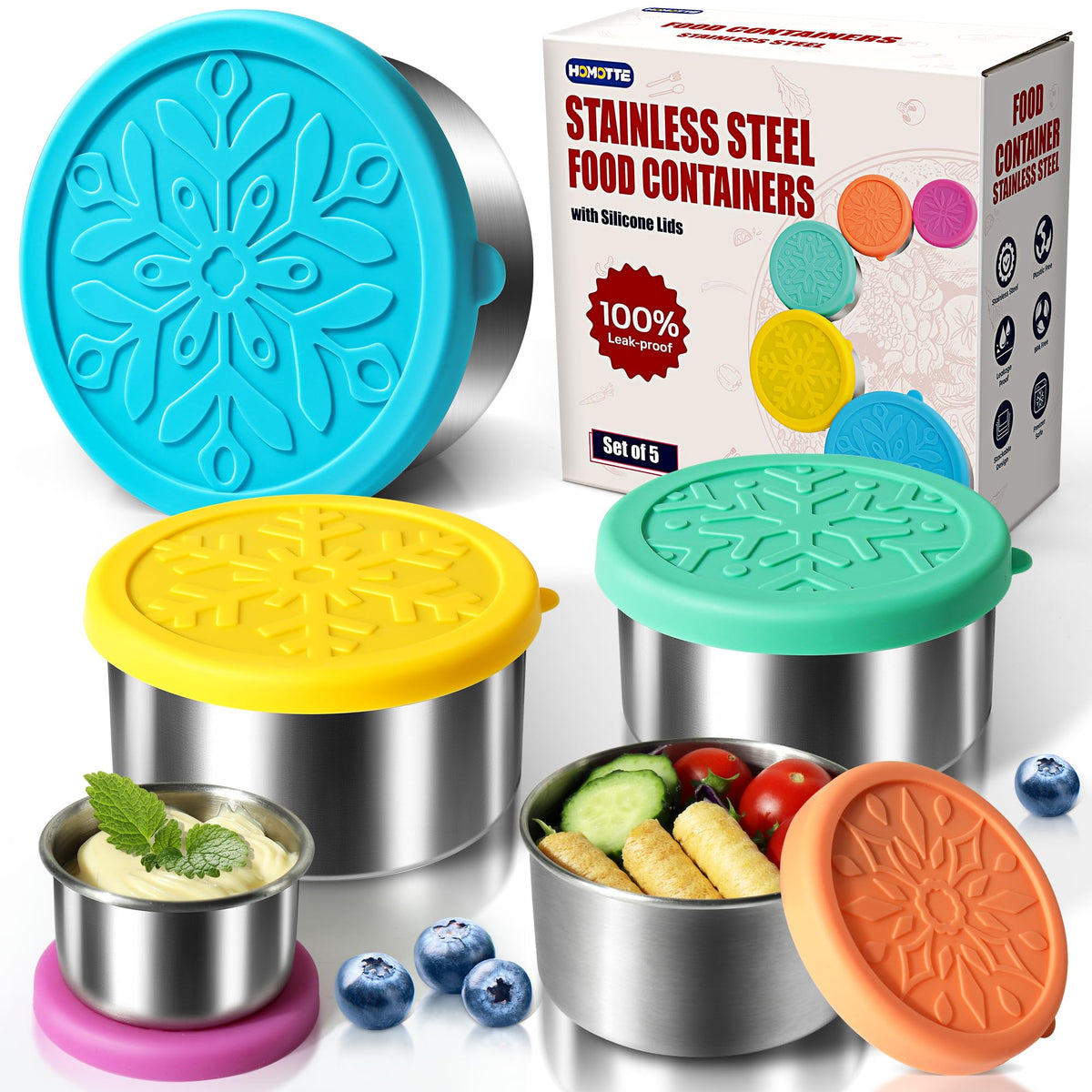 Homotte front view of 5-pack stainless steel containers showing compact set and durability