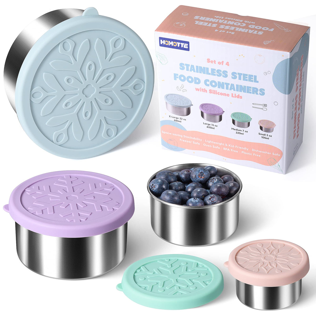 Homotte front view of four-piece stainless steel set showing sizes and lids for versatile packing