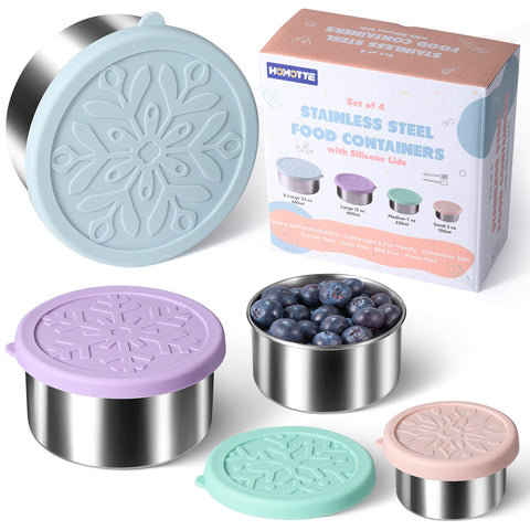 Homotte front view of four-piece stainless steel set showing sizes and lids for versatile packing